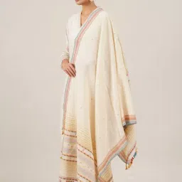 Jaypore Cream Self Design Striped Bhujodi Dupatta-picture-27