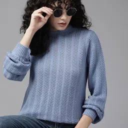 The Roadster Lifestyle Co. Women Blue Open Knit Pullover-picture-39