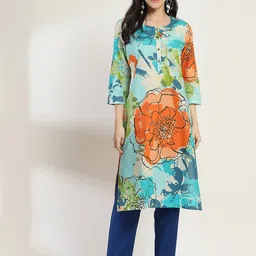 Rangriti Floral Printed Round Neck Cotton Straight Kurta-image-44