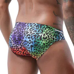mizok Mens Bikini Briefs Sexy Low Rise Flowers Print Quick Dry Swim Trunk Swimsuit Swimwear (Leopard, XL Fit Waist 32-34 inch) image 2