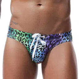 mizok Mens Bikini Briefs Sexy Low Rise Flowers Print Quick Dry Swim Trunk Swimsuit Swimwear (Leopard, XL Fit Waist 32-34 inch) image 1