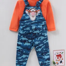 Babyhug Full Sleeves Cotton Tee With Dungaree Camo Print & Tiger Applique- Orange Blue-picture-15