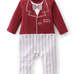 Babyhug Cotton Knit Full Sleeves Romper with Blazer Design - Red & White-picture-26