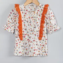 Hugsntugs Half Sleeves Floral Printed & Lace Detailed Top - Orange & White-image-8