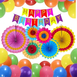Surprise Decor Multicolour Birthday Decorations - 47 Pcs | Happy Birthday Decoration Items With Balloons, Paper Fans, Banners(Cardstock) | Birthday Decoration Kit For Boy, Girl-image-45