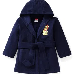 Babyhug Terry Knit Full Sleeve Hooded Bathrobe with Elastic at Waist & Lion Embroidery - Navy Blue-image-27
