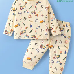 Babyoye Eco Conscious 100% Cotton Knit Full Sleeves Co-ords Night Suit with Vehicle & Rainbow Print - Cream-picture-14