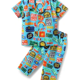 Babyhug Cotton Woven Half Sleeves Co-ords Night Suit with Text Print - Light Blue-picture-11