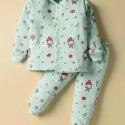 Teddy Fleece Knit Full Sleeves Co-ords Winter Night Suit with Bear Print - Light Blue-picture-15