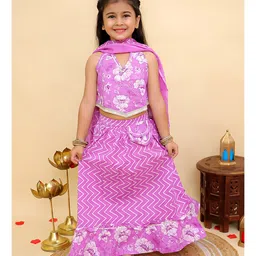 AJ Dezines Cotton Woven Sleeveless Chevron & Floral Printed Lehenga Choli With Dupatta Set - Purple-picture-11