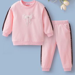 Mark & Mia Cotton Full Sleeves Winter Wear Sweatshirt & Lounge Pant Set With Bow Applique - Pink-picture-18