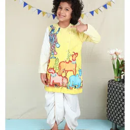 BAATCHEET Cotton Woven Full Sleeves Lord Krishna Printed & Threadwork Embroidered Dhoti Kurta Set - Yellow-image-32