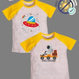 COCOON ORGANICS 100% Cotton Knit Pack Of 2 Half Raglan Sleeves Space Explorer Theme Printed Loose Fit Anti Microbial Tee - Yellow & Grey Melange-picture-10