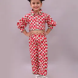 Little Ginnie Cotton Woven Full Sleeves Strawberry Printed Coordinating Top & Pant Set - Red-image-26