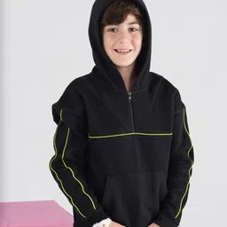 Spunkies Cotton Knit Full Sleeves Side Taped Light Winter Hoodie - Black-picture-26