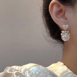 PolluxCraft Korean Gold-Plated Zircon & Pearls Studded Heart Shape Drop Earrings image 2