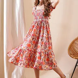 FIXOCRA Women Floral Printed Smocked Fit and Flare Midi Dress image 2