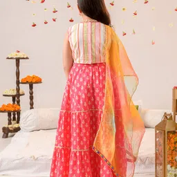 Pspeaches Sleeveless Mirror Work Detailed Motif Printed Lehenga Choli With Dupatta - Pink image 3