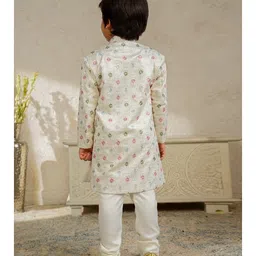 AJ Dezines Jacquard Woven Full Sleeves Floral Embroidered Sequins Embellished Sherwani & Pant Set - White image 3