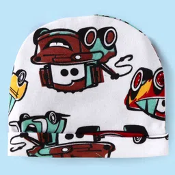 Babyhug Disney Interlock Knit Caps Mittens & Booties With Cars Print - White image 3