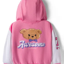 Babyhug Cotton Knit Full Sleeves Front Open Hooded Sweatshirt with Awesome Teddy Back Graphics - Pink image 3