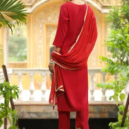 KALINI Embroidered Sequinned Notch Neck Chanderi Silk Kurta With Trousers & Dupatta image 3