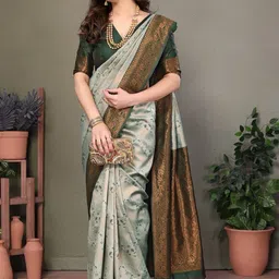 WOVENSTOCK Ethnic Motifs Woven Design Zari Kanjeevaram Saree with Unstitched Blouse image 5