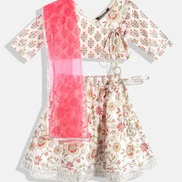 READIPRINT FASHIONS Kids Cream & Pink Floral Print Lehenga, Choli With Dupatta image 1