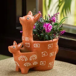 ExclusiveLane 'Kangaroo & Kid' Earthen Brown & White Planter Pot - Set of 1 image 1