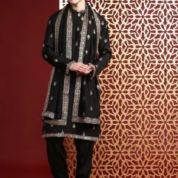 ManQ Black Cotton Regular Fit Embroidered Kurta Bottom Set-picture-45