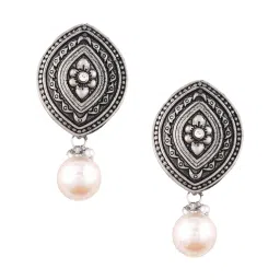Oomph Jewellery Oxidized Silver Ethnic Silver Look Alike Marquise Shape with Pearl Drop Earrings image 3