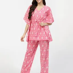 Sweet Dreams Pink Cotton Printed Kaftan Top With Pyjamas image 3