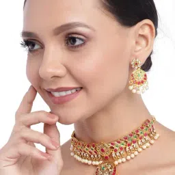 Zaveri Pearls Green & Pink Stones Traditional Pearls Choker Necklace & Earring Set-ZPFK9556-picture-31