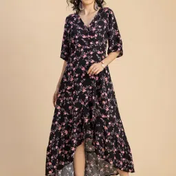 Moomaya Black & Pink Floral Print High-low Dress-image-25