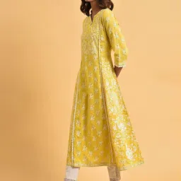 W Yellow Cotton Floral Print A Line Kurta image 3