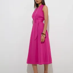 Wardrobe by Westside Magenta Solid A-Line Dress with Belt image 3