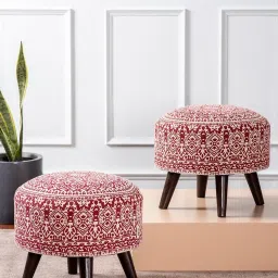 nestroots Netroots Printed Red Cotton Canvas 4 Wooden Legs Ottoman - Set of 2 image 1