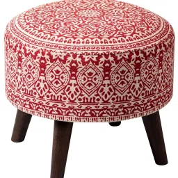 nestroots Netroots Printed Red Cotton Canvas 4 Wooden Legs Ottoman - Set of 2 image 4