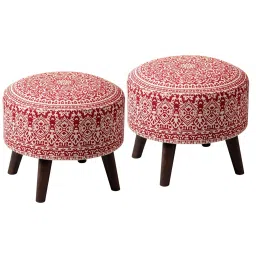 nestroots Netroots Printed Red Cotton Canvas 4 Wooden Legs Ottoman - Set of 2 image 5