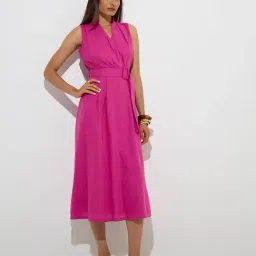 Wardrobe by Westside Magenta Solid A-Line Dress with Belt-picture-13