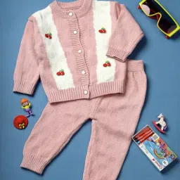 NEUDIS Girls Pink & Cream Self Design Full Sleeves Sweatshirt with Joggers-image-1
