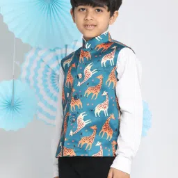 VASTRAMAY Kids Turquoise Blue & Orange Printed Nehru Jacket image 3