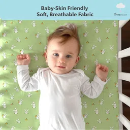 The White Cradle Green & White Cartoon Characters Printed Cotton 120 TC Fitted Crib Sheet image 3