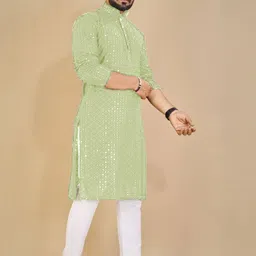 ORIFAB Men Green Cotton Kurtas image 4