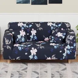Aura Blue & White Printed Polyester 1 Piece Sofa Cover With Arms image 1