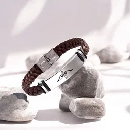 M Men Style Men Leather Silver-Plated Om Dhanush Braided Wraparound Bracelet-picture-12