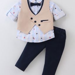 ToffyHouse Poplin Woven Full Sleeves Teddy Printed 3 Piece Party Suit With Bow - Navy Blue-picture-40