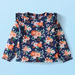 Babyhug Cotton Knit Full Peasant Sleeves Top with Floral Print & Frill Detailing - Navy Blue-picture-29