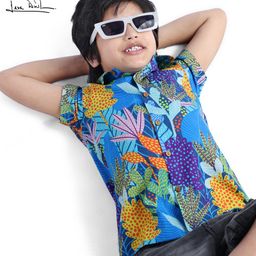arias by lara dutta Arias Cotton Woven Half Sleeves Shirt with Floral Print - Light Blue & Orange-picture-4