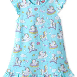 Babyhug Cotton Knit Frill Sleeves Nighty with Unicorn Print - Light Blue-image-85